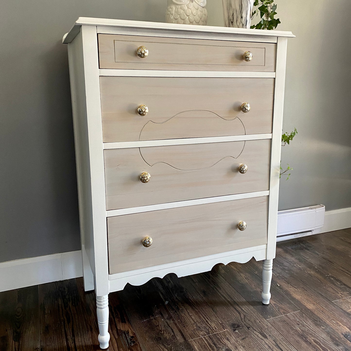 Antique 4 Drawer Dresser in White and Tan Wash Pearl Inlay Knobs