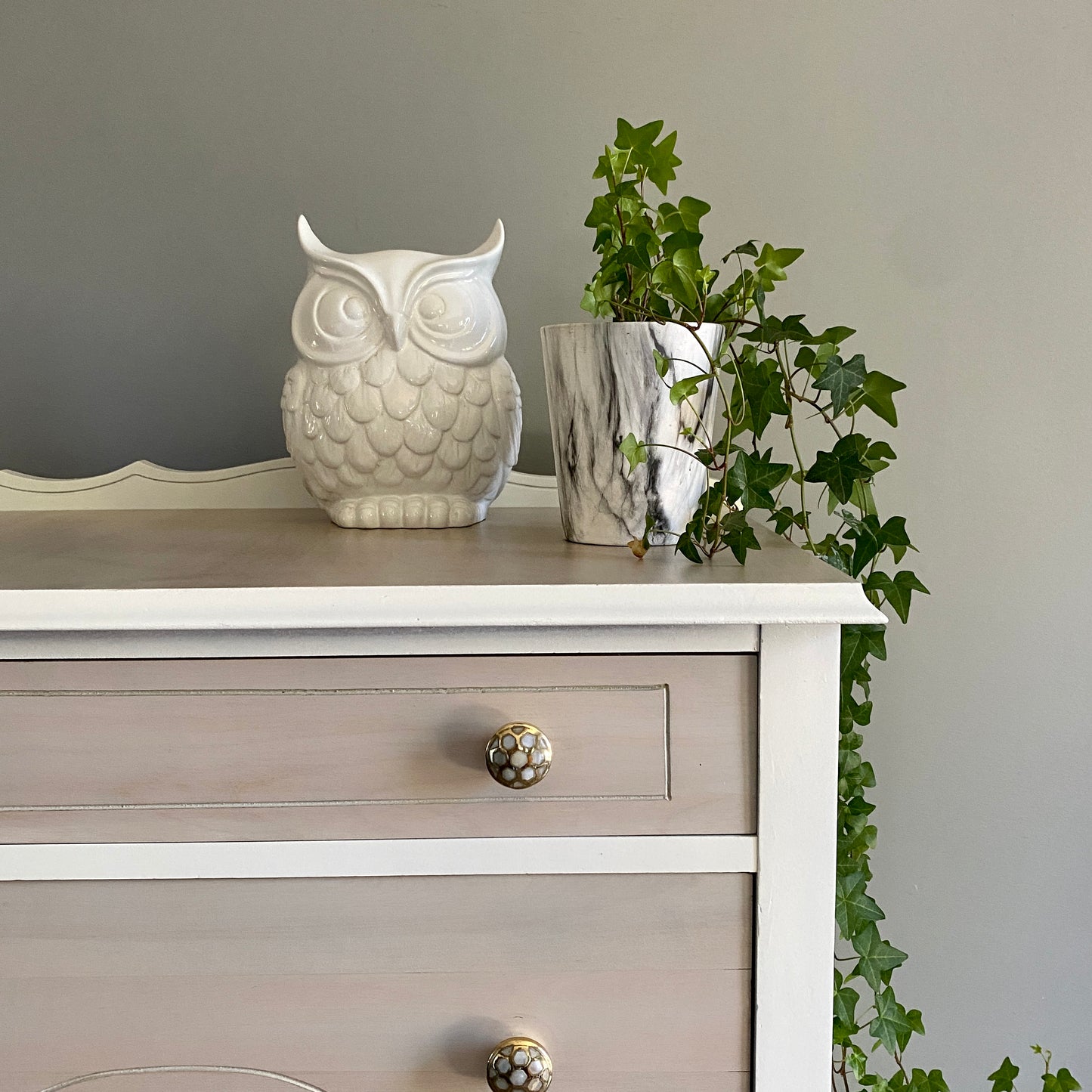 Antique 4 Drawer Dresser in White and Tan Wash Pearl Inlay Knobs
