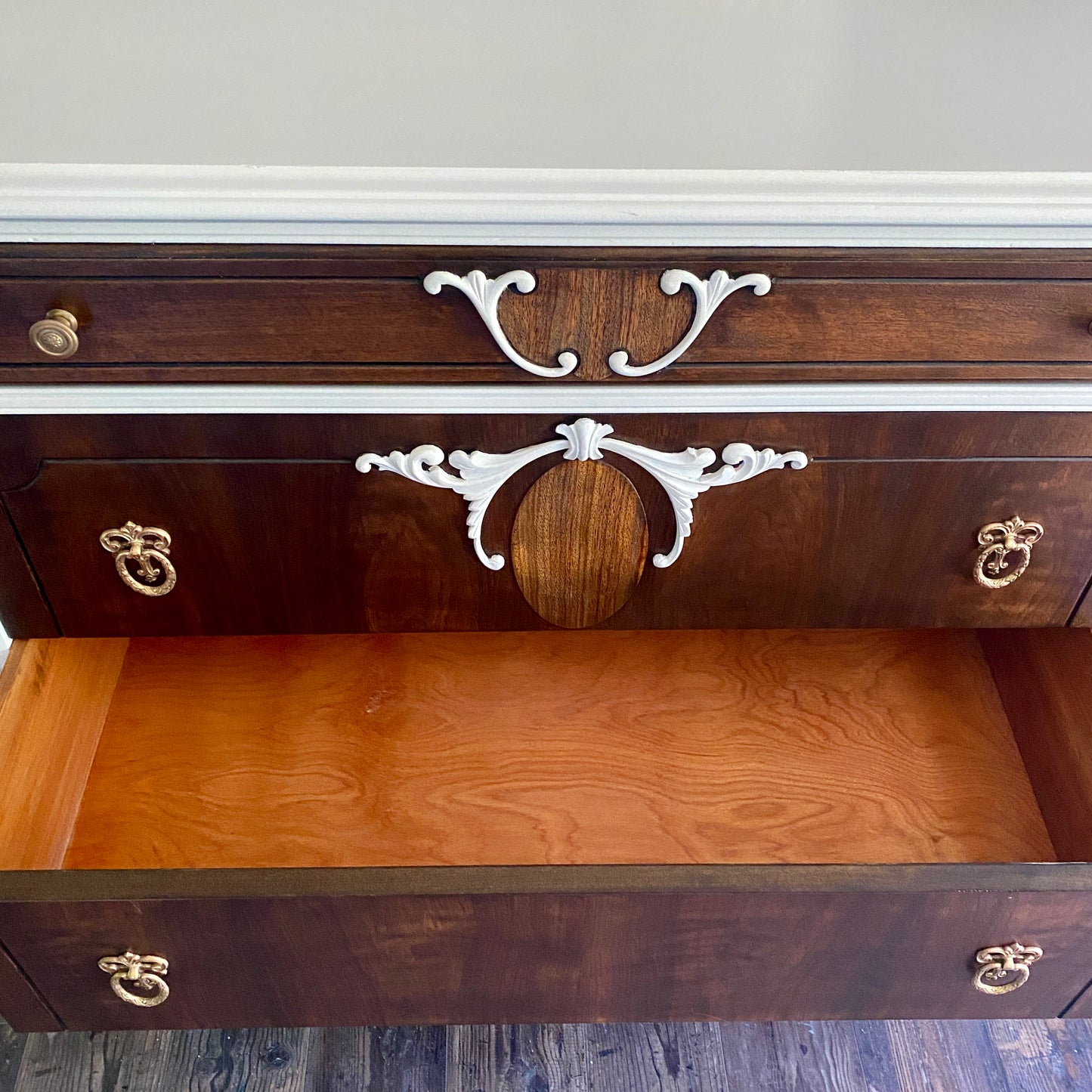 Antique 4 Drawer Malcolm Dresser in White and Walnut