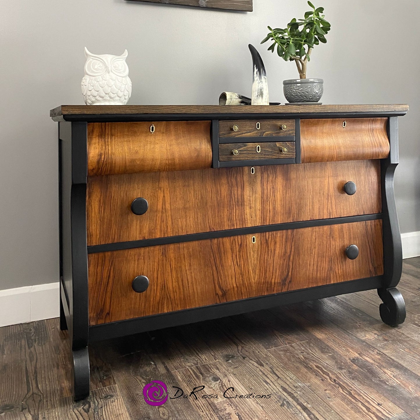 Antique Empire Dresser in Black with Oak Top