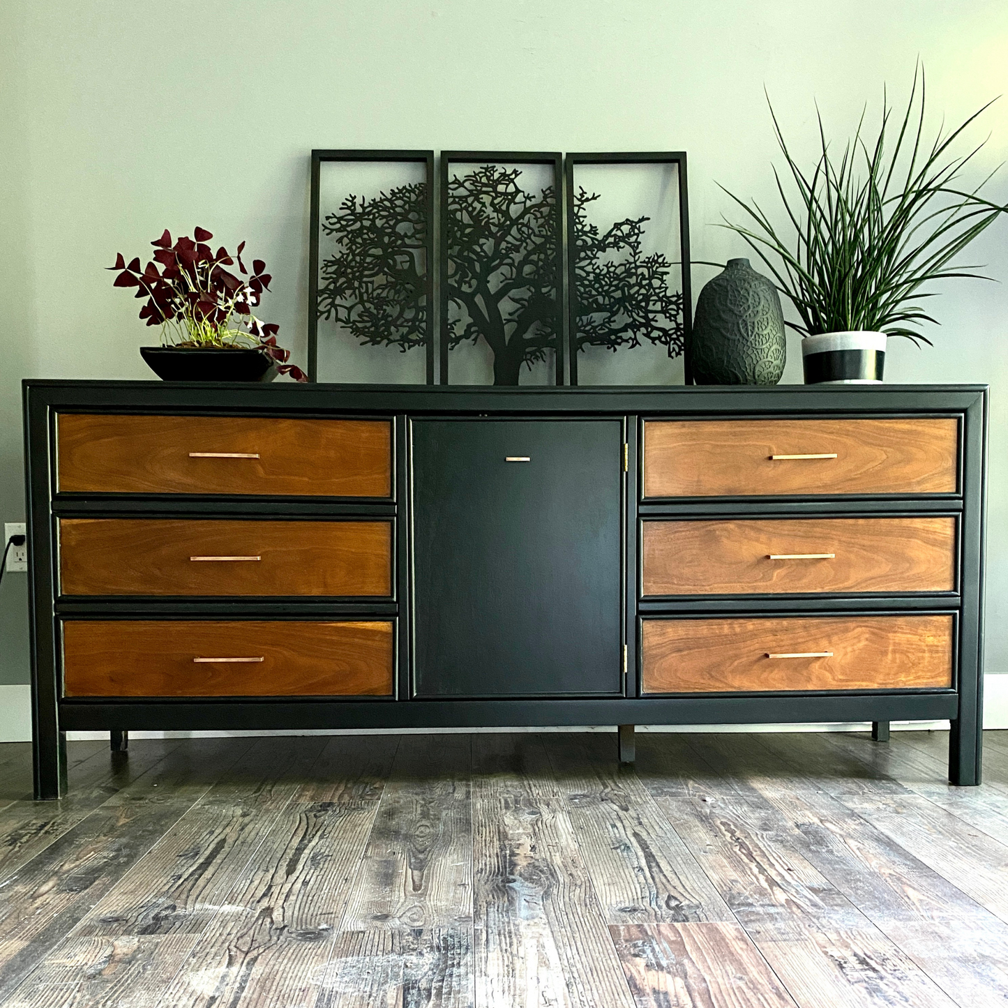 Black Long Dresser with Wood - Buffet - Side Board MCM
