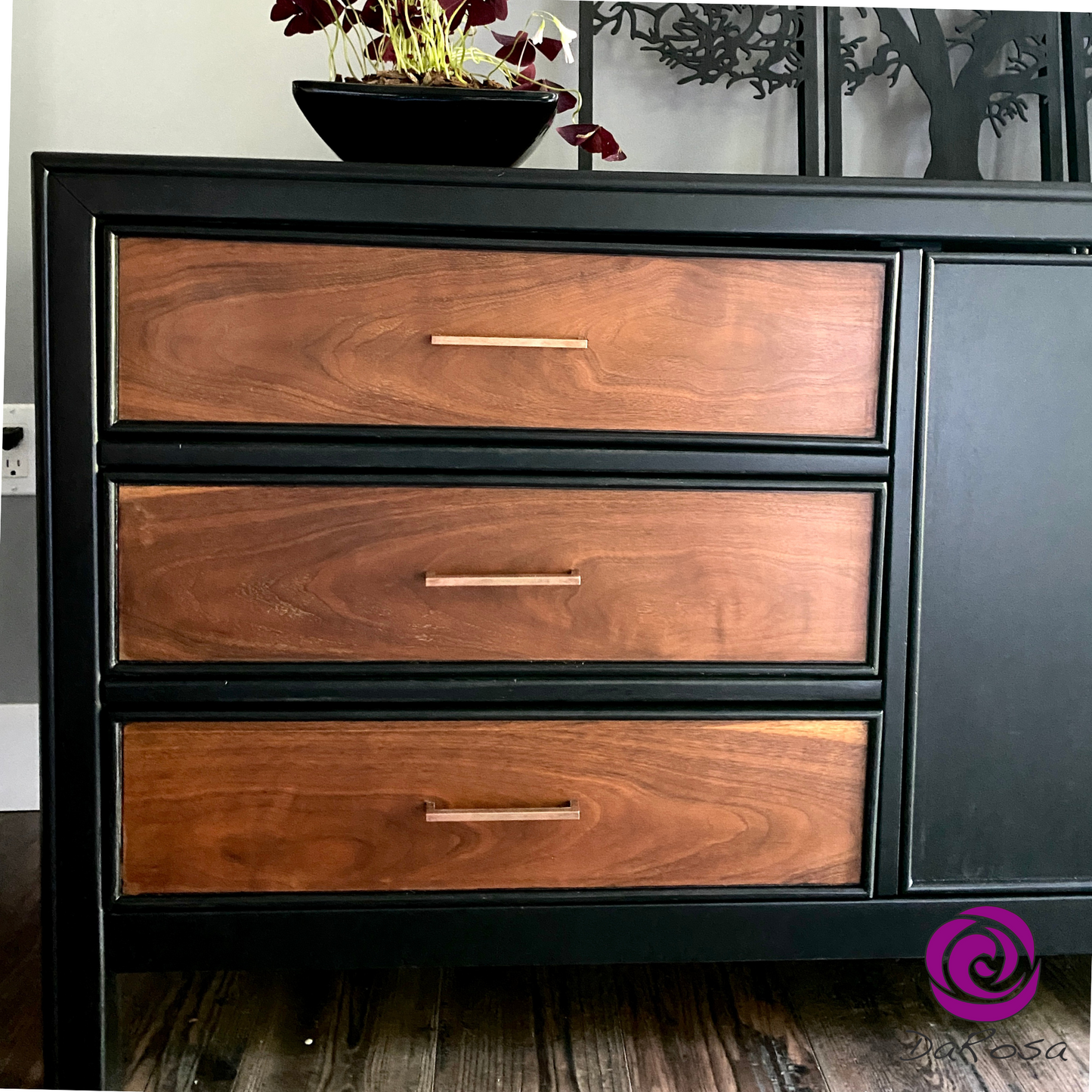Black Long Dresser with Wood - Buffet - Side Board MCM