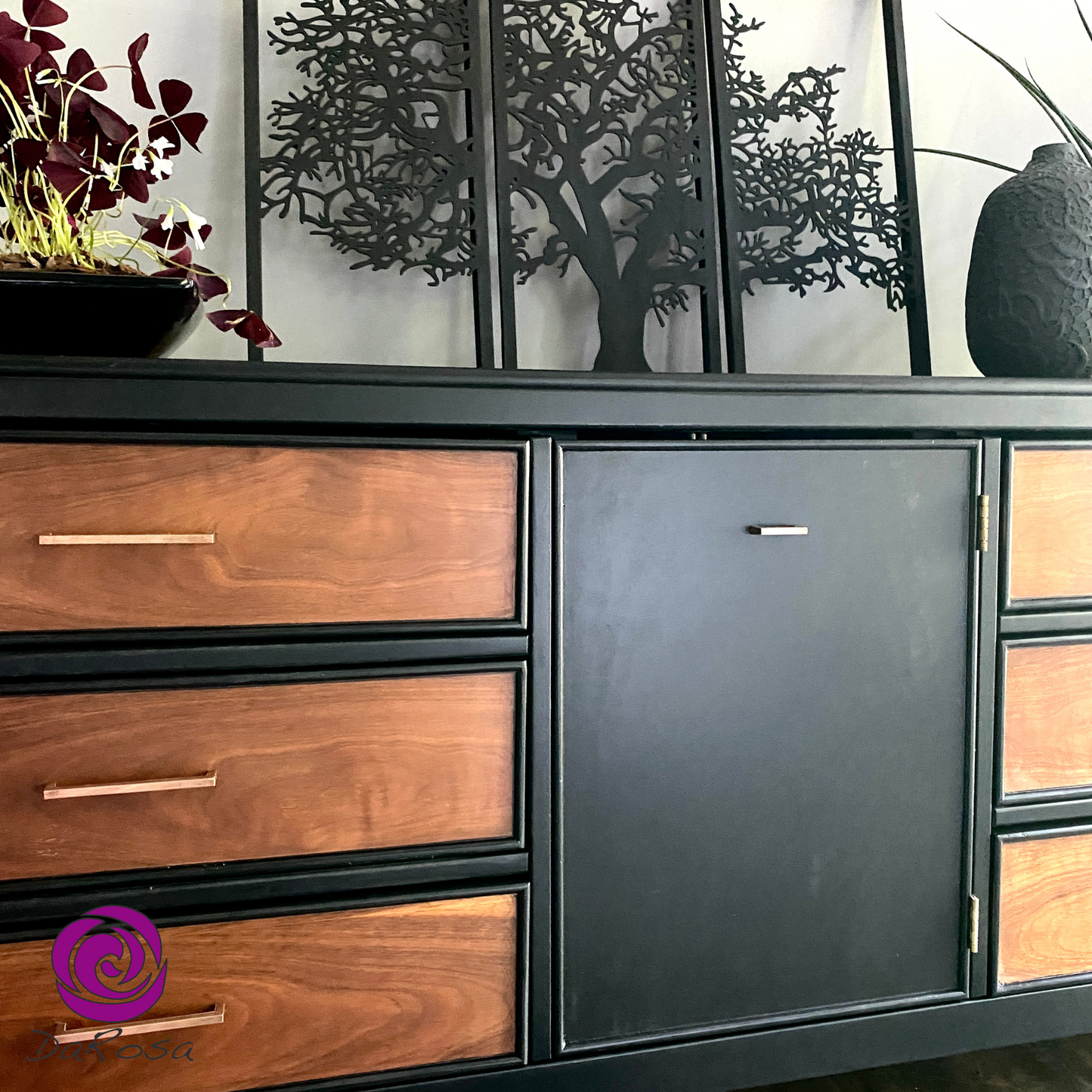 Black Long Dresser with Wood - Buffet - Side Board MCM