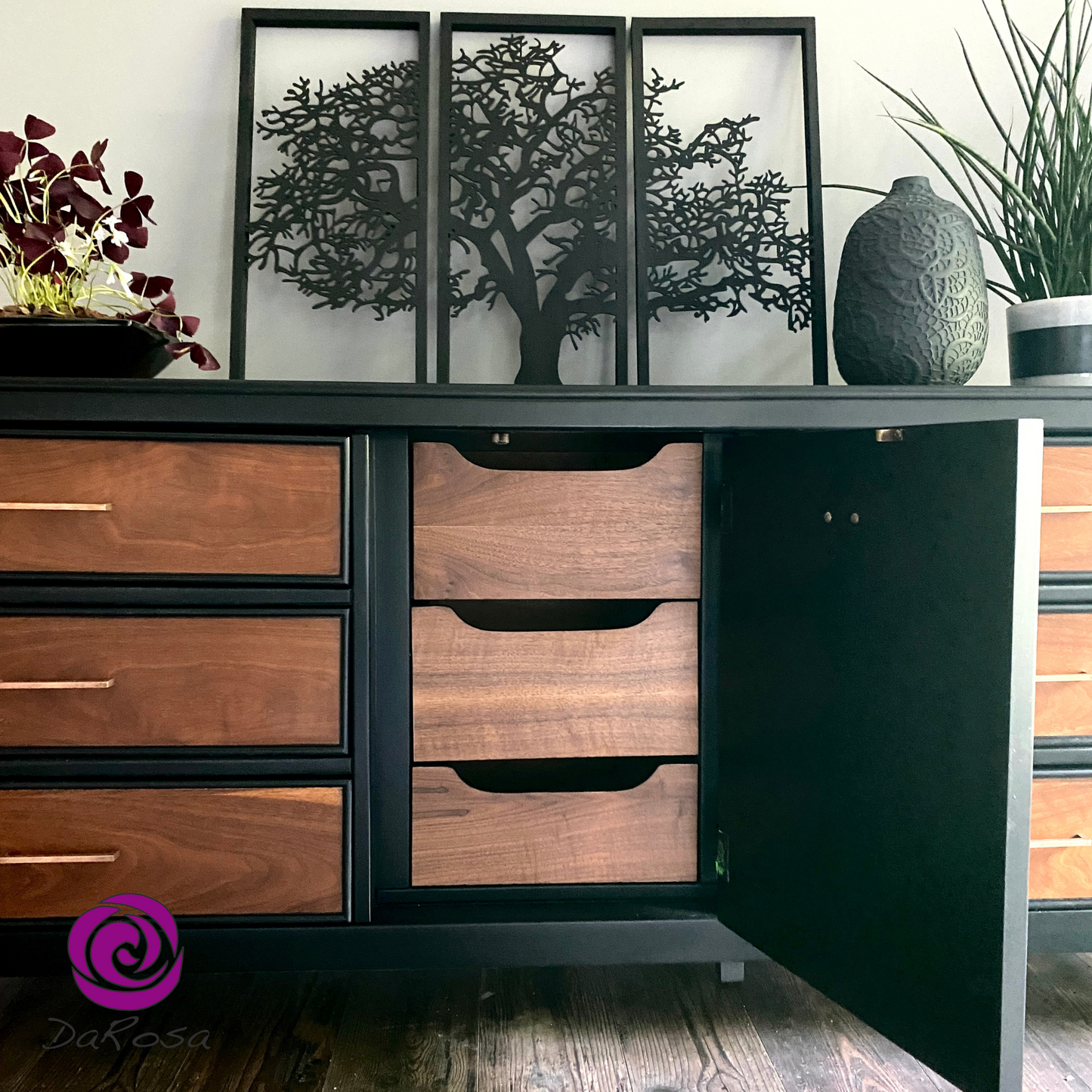 Black Long Dresser with Wood - Buffet - Side Board MCM