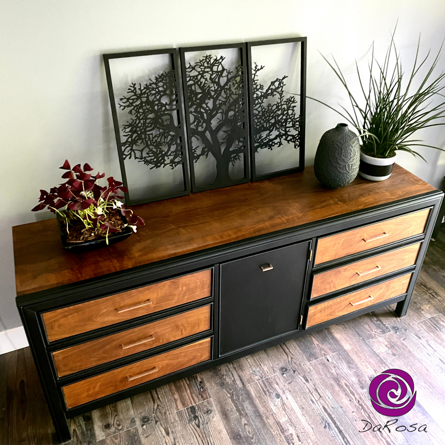 Black Long Dresser with Wood - Buffet - Side Board MCM