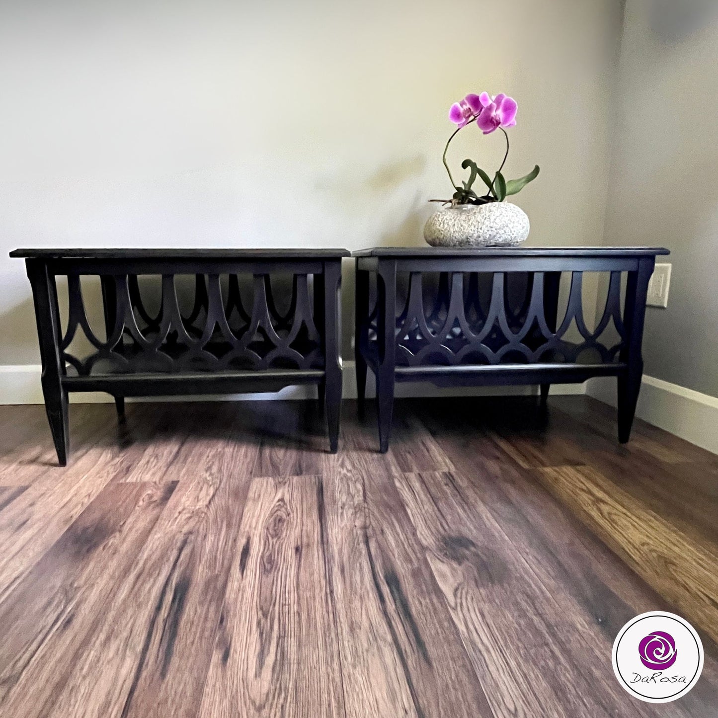 Pair of End Tables in Black with Arched Fretwork