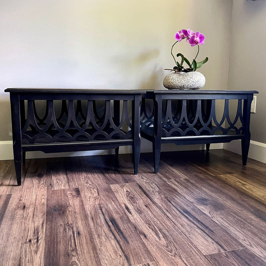 Pair of End Tables in Black with Arched Fretwork