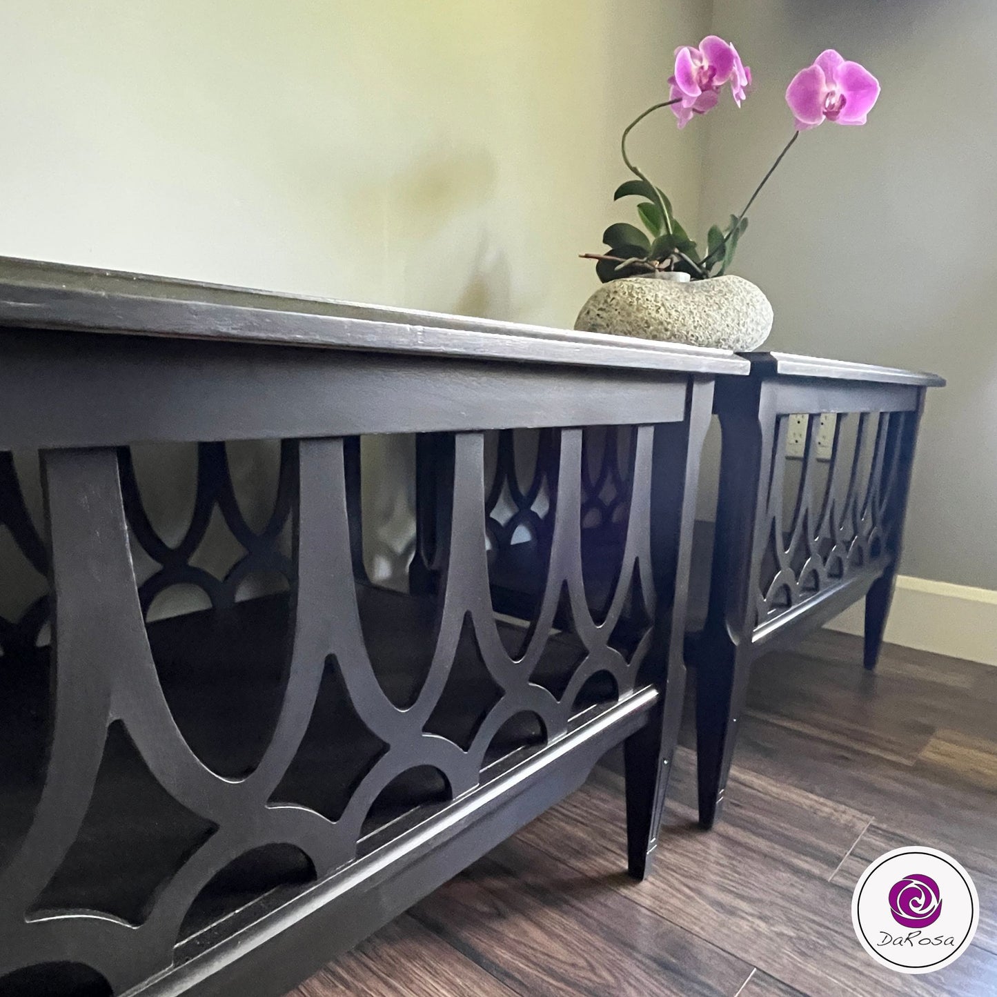 Pair of End Tables in Black with Arched Fretwork
