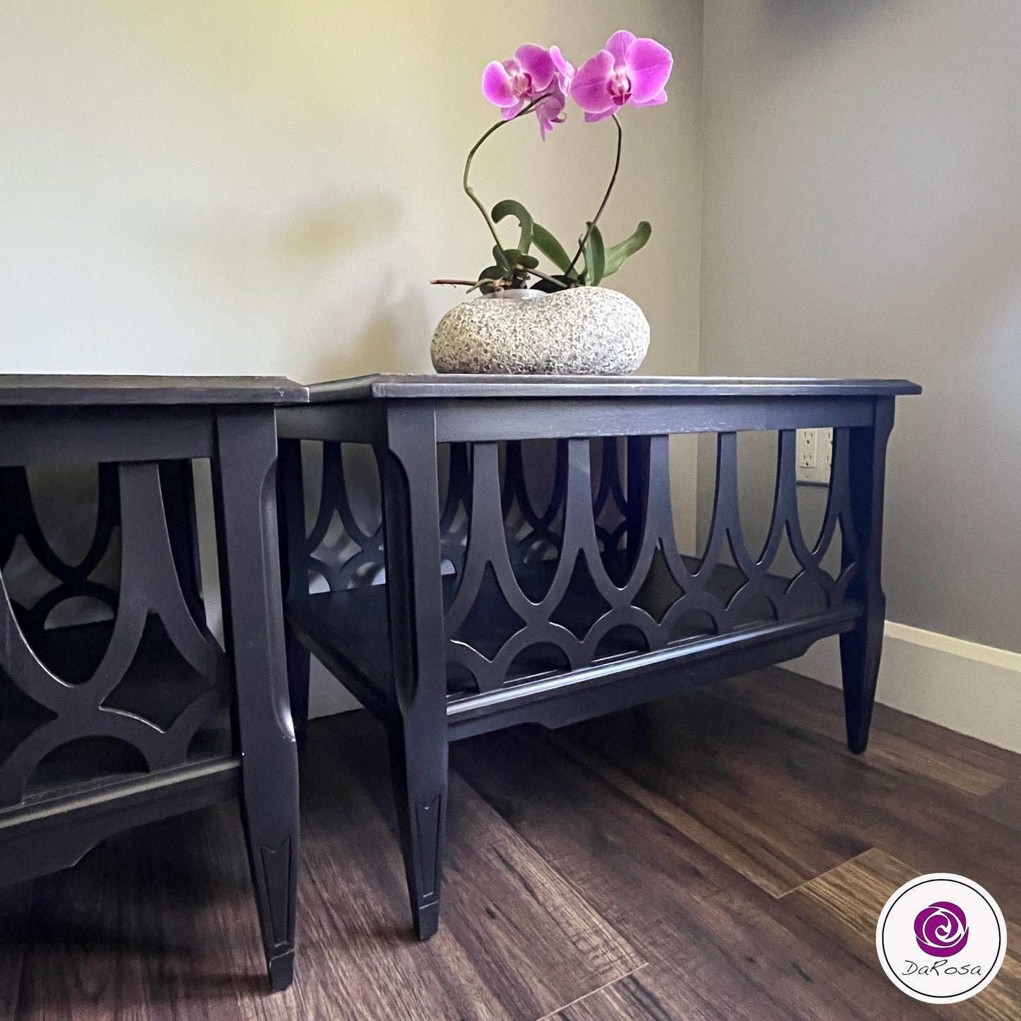 Pair of End Tables in Black with Arched Fretwork