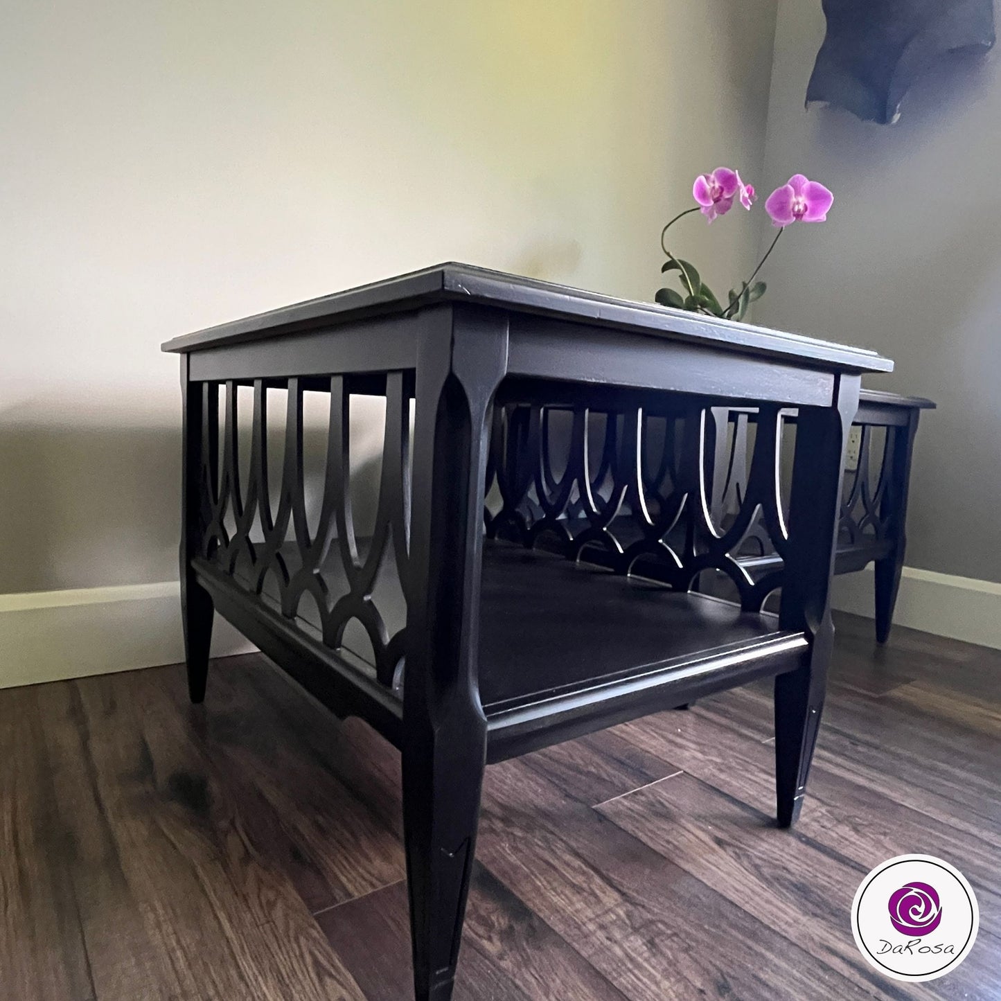 Pair of End Tables in Black with Arched Fretwork