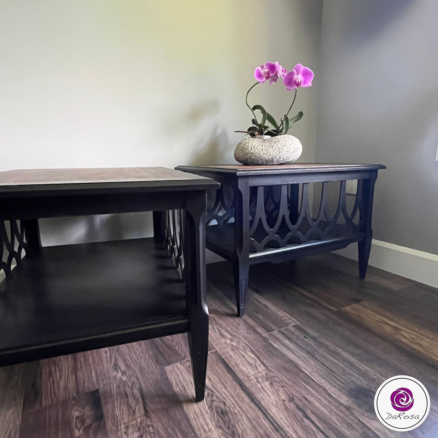 Pair of End Tables in Black with Arched Fretwork