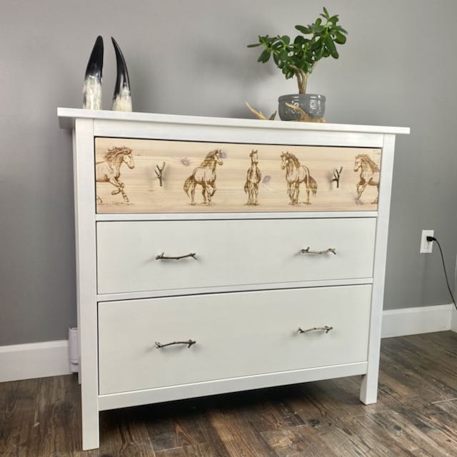 White Dresser With Engraved Horses