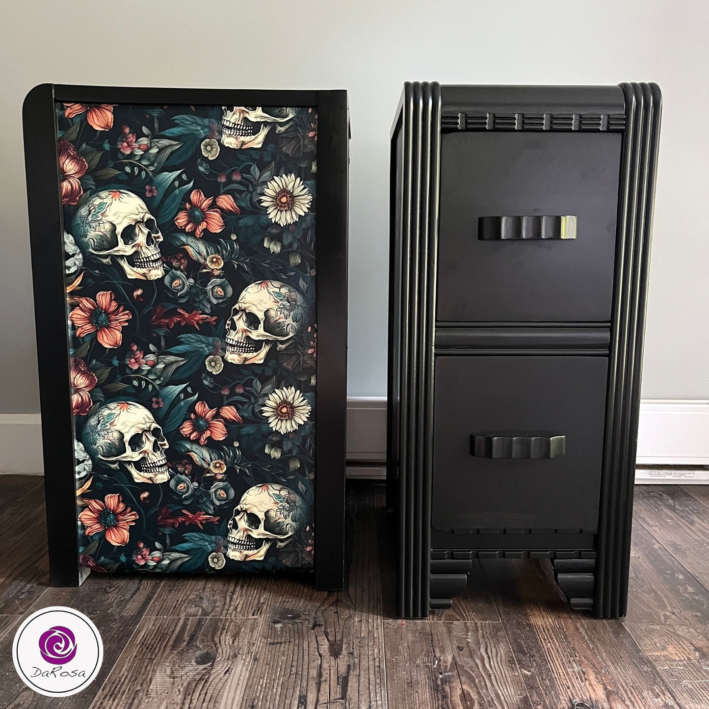 Black Skull and Flowers Nightstand SET
