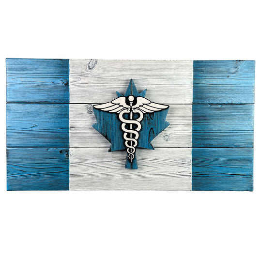 Canadian Nurse Wooden Flag with Caduceus in Blue - Gift Registered Nurse RN - Medical Healthcare Decor