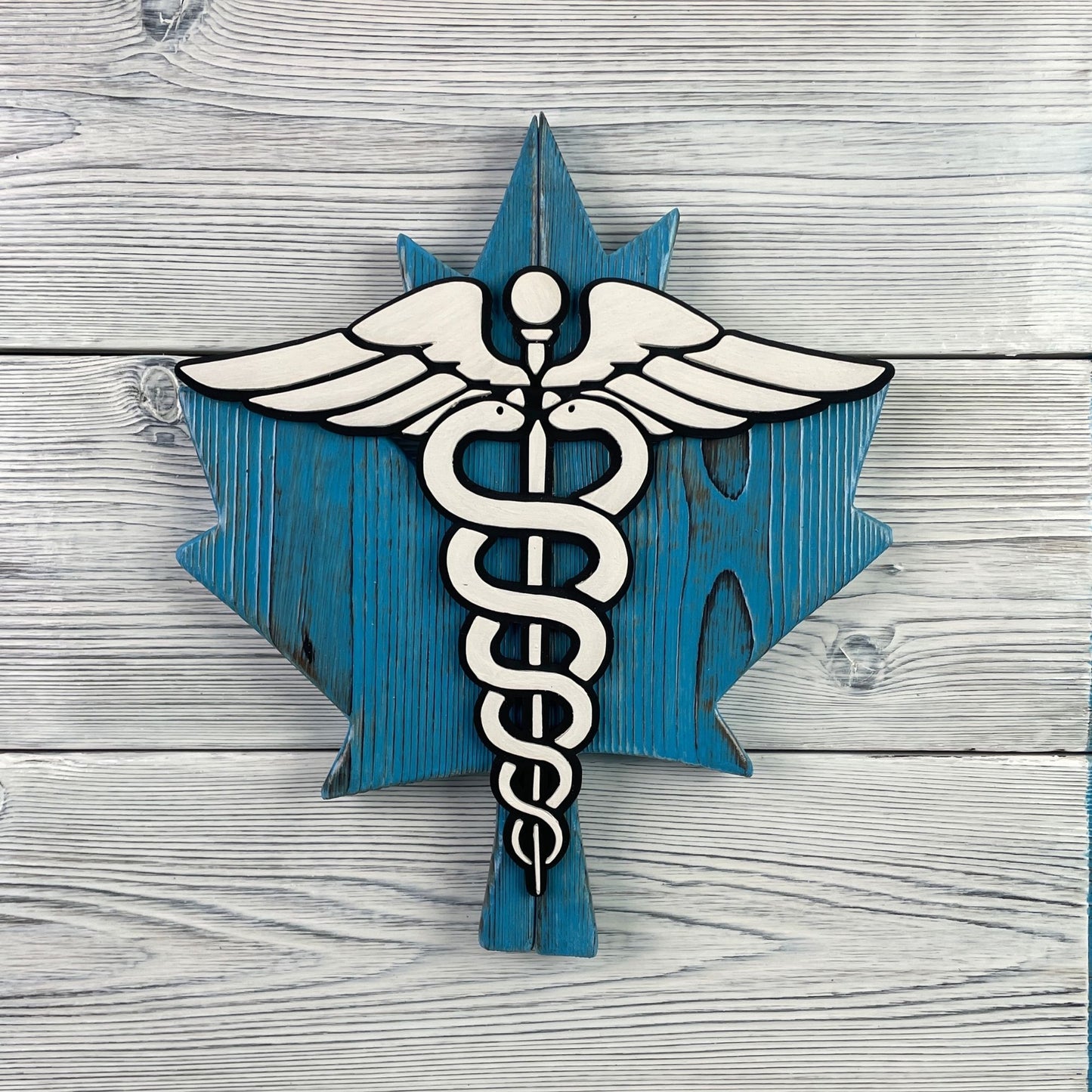 Canadian Nurse Wooden Flag with Caduceus in Blue - Gift Registered Nurse RN - Medical Healthcare Decor