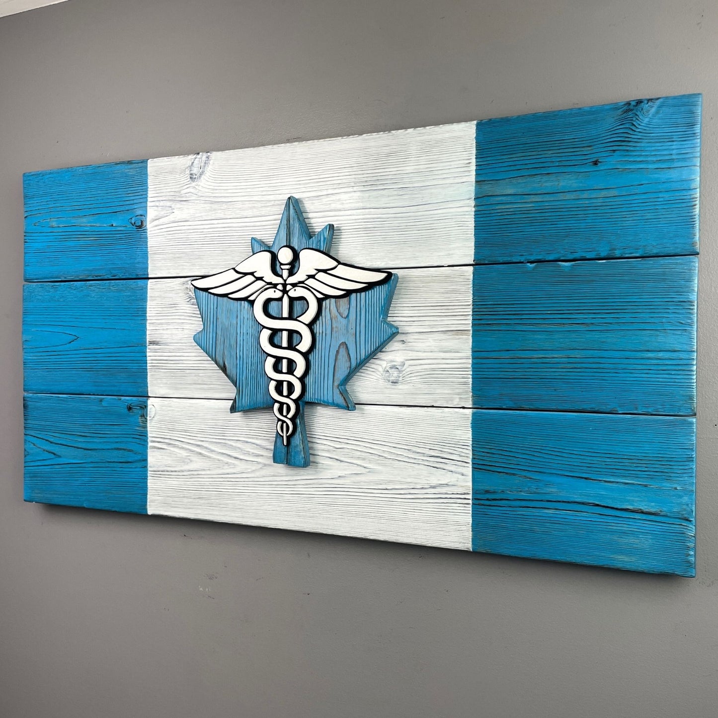 Canadian Nurse Wooden Flag with Caduceus in Blue - Gift Registered Nurse RN - Medical Healthcare Decor 