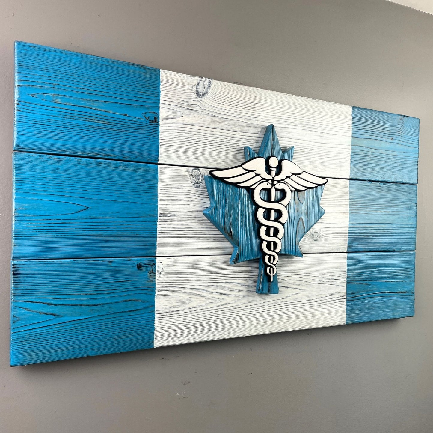 Canadian Nurse Wooden Flag with Caduceus in Blue - Gift Registered Nurse RN - Medical Healthcare Decor 