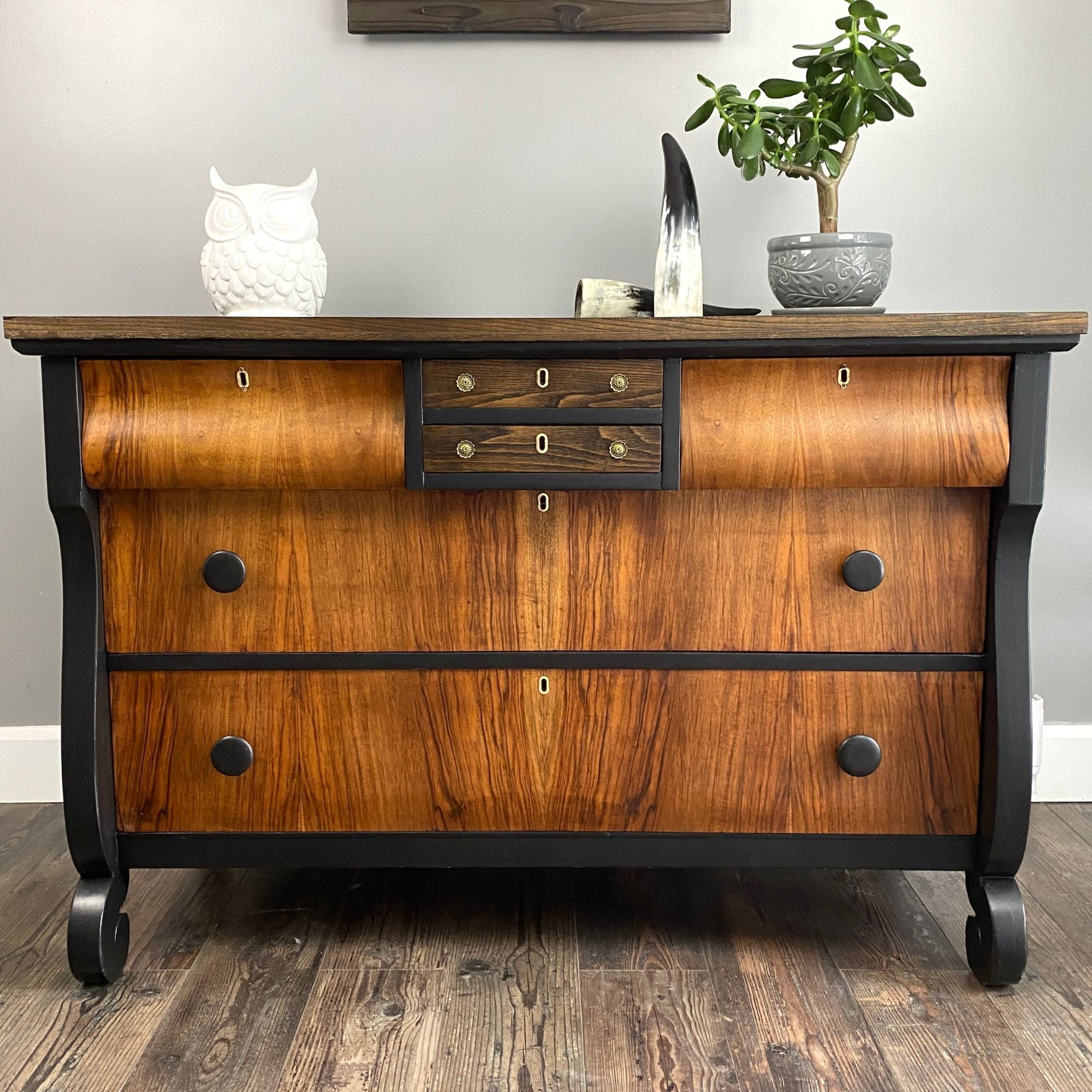 Antique Empire Dresser in Black with Oak Top and Walnut Veneer Drawers - Rustic Side Board - Buffet DaRosa Creations Antique Empire Dresser in Black with Oak Top and Walnut Veneer Drawers - Rustic Side Board - Buffet DaRosa Creations