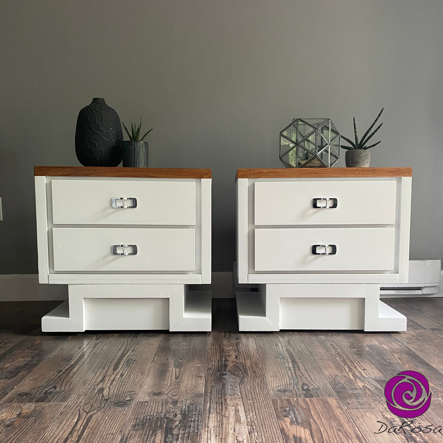 Set of 2 Oversized Nightstands in White with Wood Top
