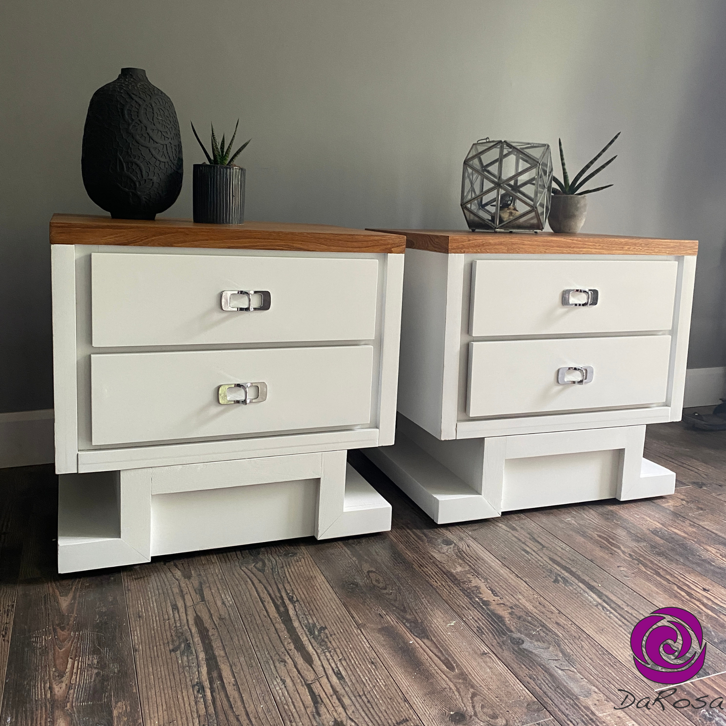 Set of 2 Oversized Nightstands in White with Wood Top