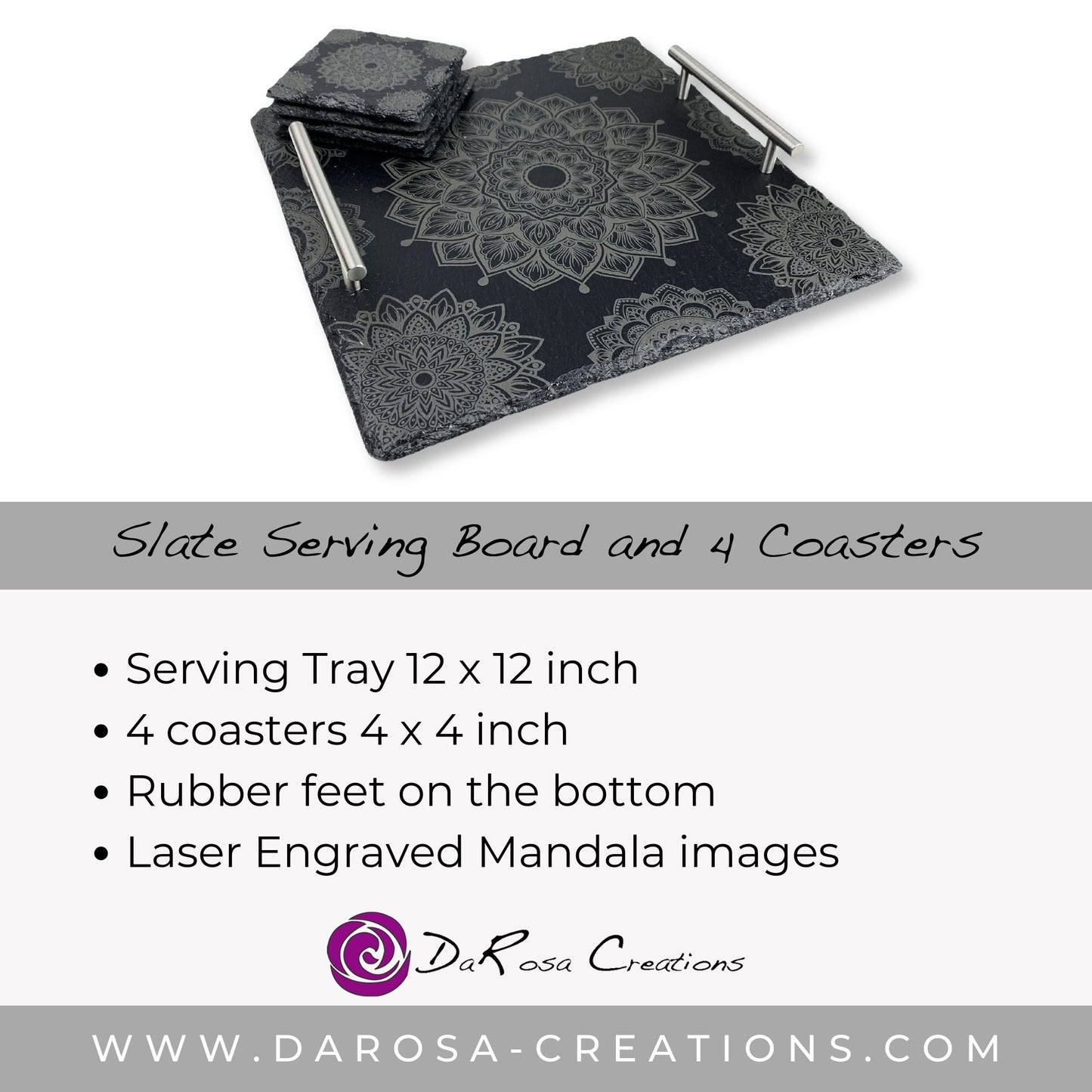 Slate Coasters Set of 4 and Serving Tray with Mandala Pattern