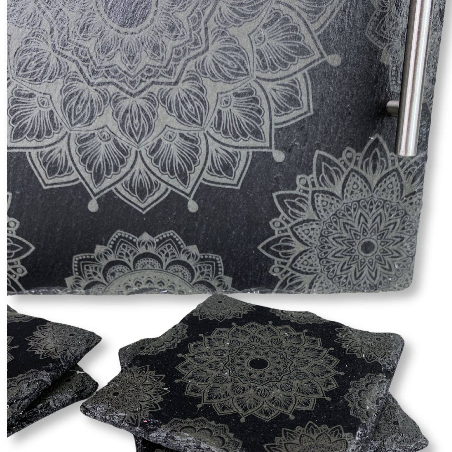 Slate Coasters Set of 4 and Serving Tray with Mandala Pattern