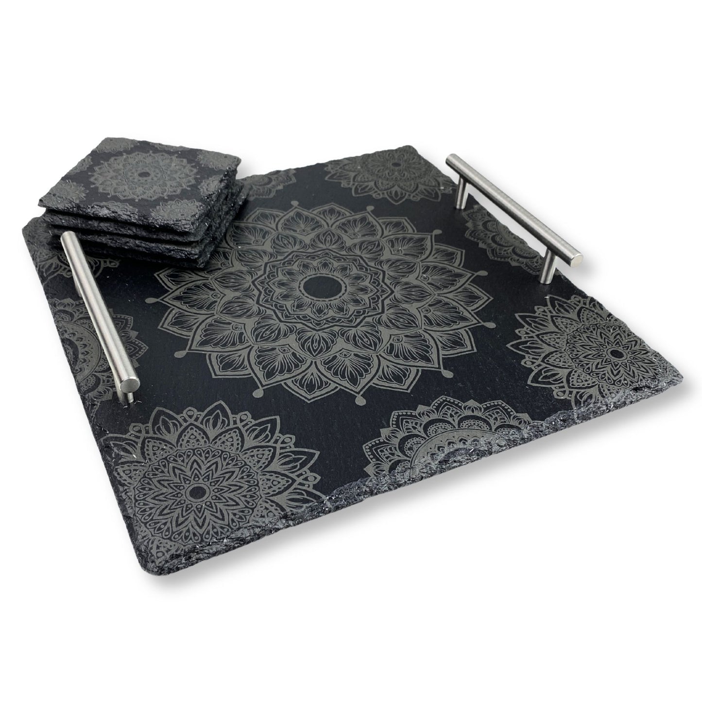 Slate Coasters Set of 4 and Serving Tray with Mandala Pattern