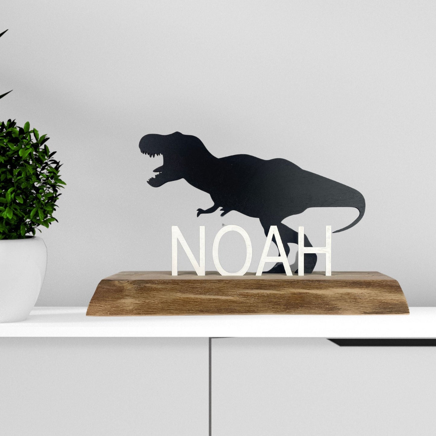 Custom Dinosaur Sign for Nursery or Kidsroom with a t-rex on a live edge base