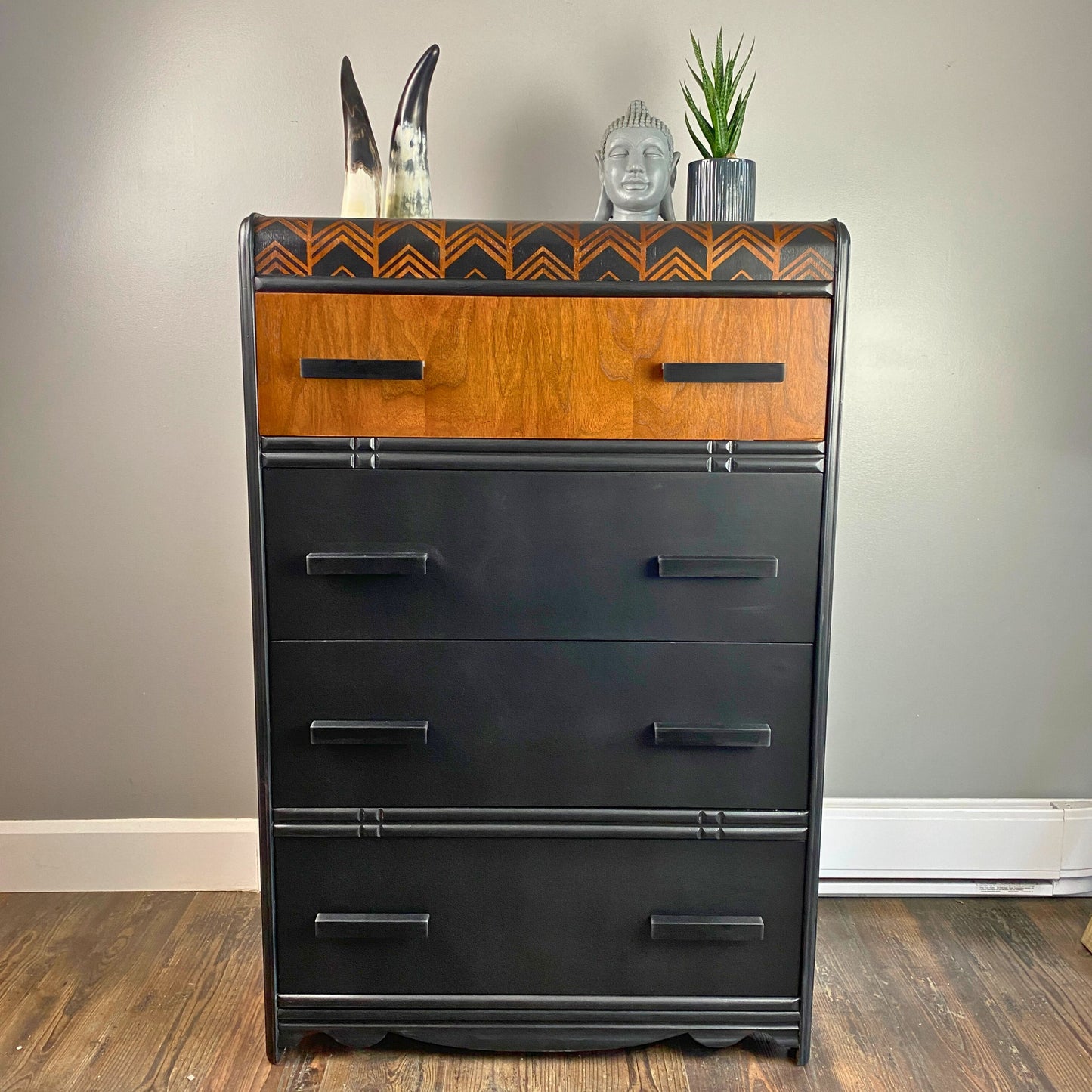 Vintage Waterfall Dresser in Black and Walnut and Chevron Details