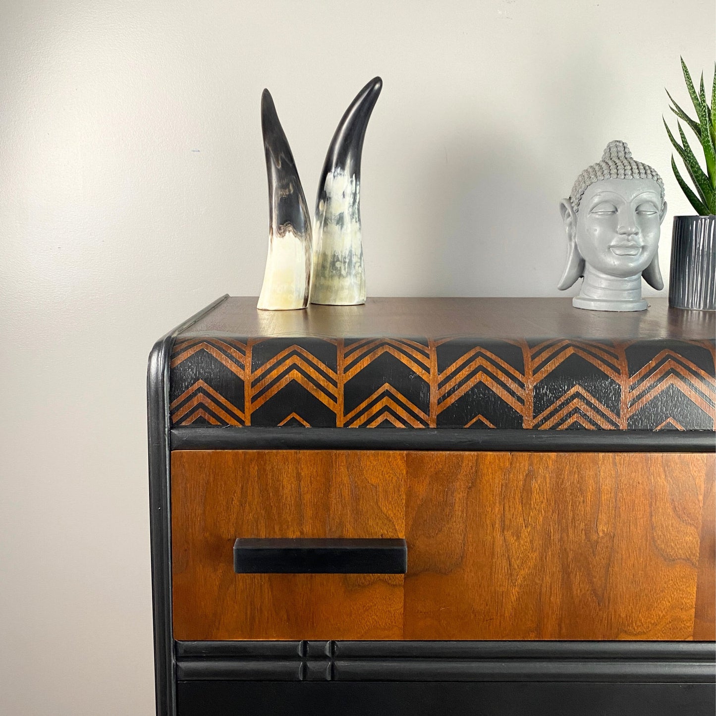 Vintage Waterfall Dresser in Black and Walnut and Chevron Details