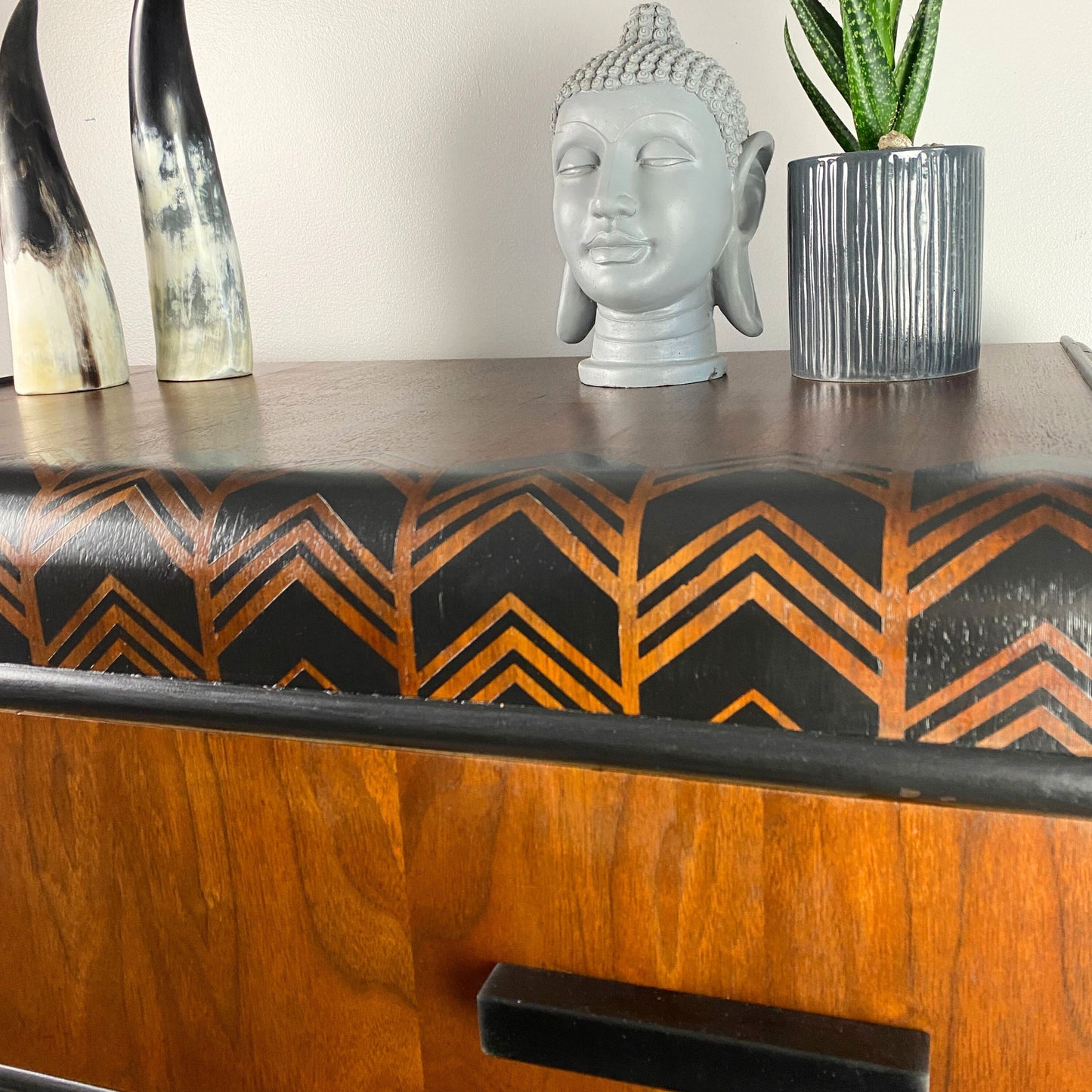 Vintage Waterfall Dresser in Black and Walnut and Chevron Details