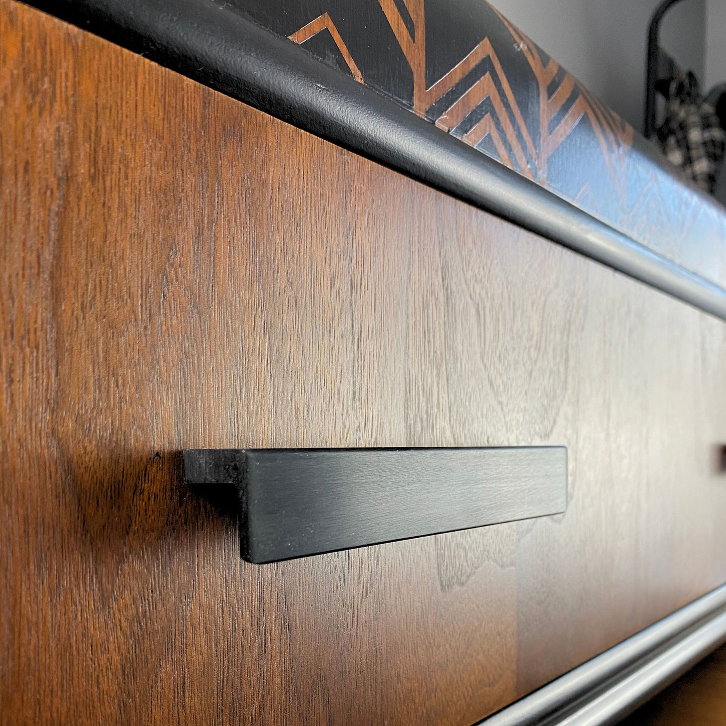Vintage Waterfall Dresser in Black and Walnut and Chevron Details