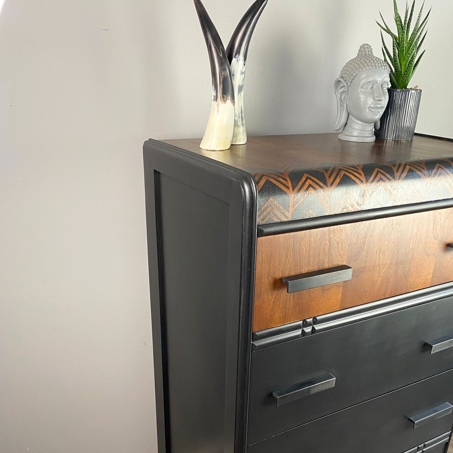 Vintage Waterfall Dresser in Black and Walnut and Chevron Details