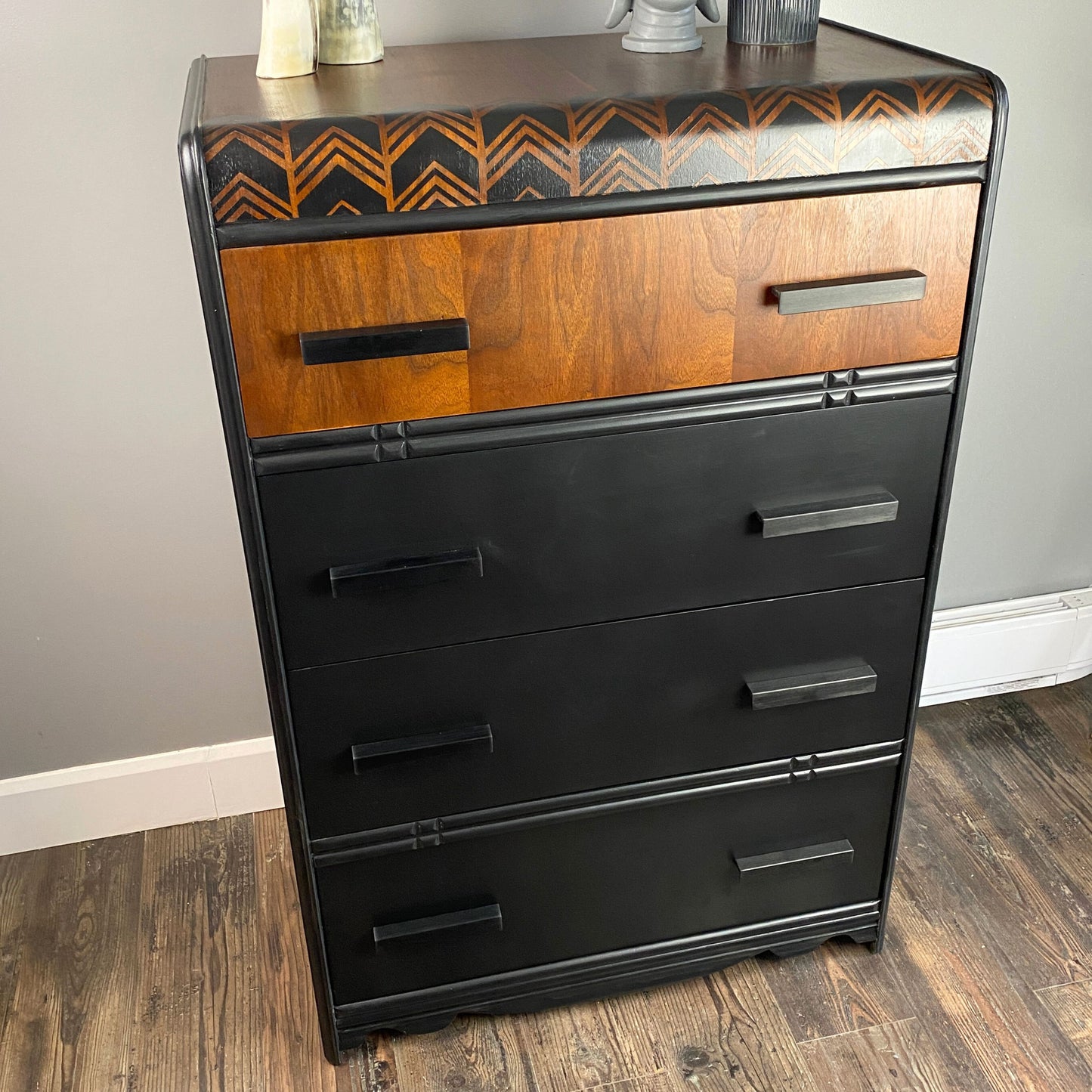 Vintage Waterfall Dresser in Black and Walnut and Chevron Details