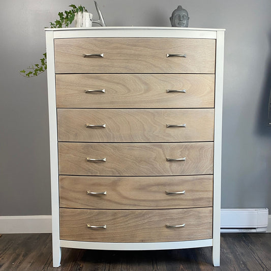 Modern Tall Boy Dresser in White and 6 Natural Wood Drawers