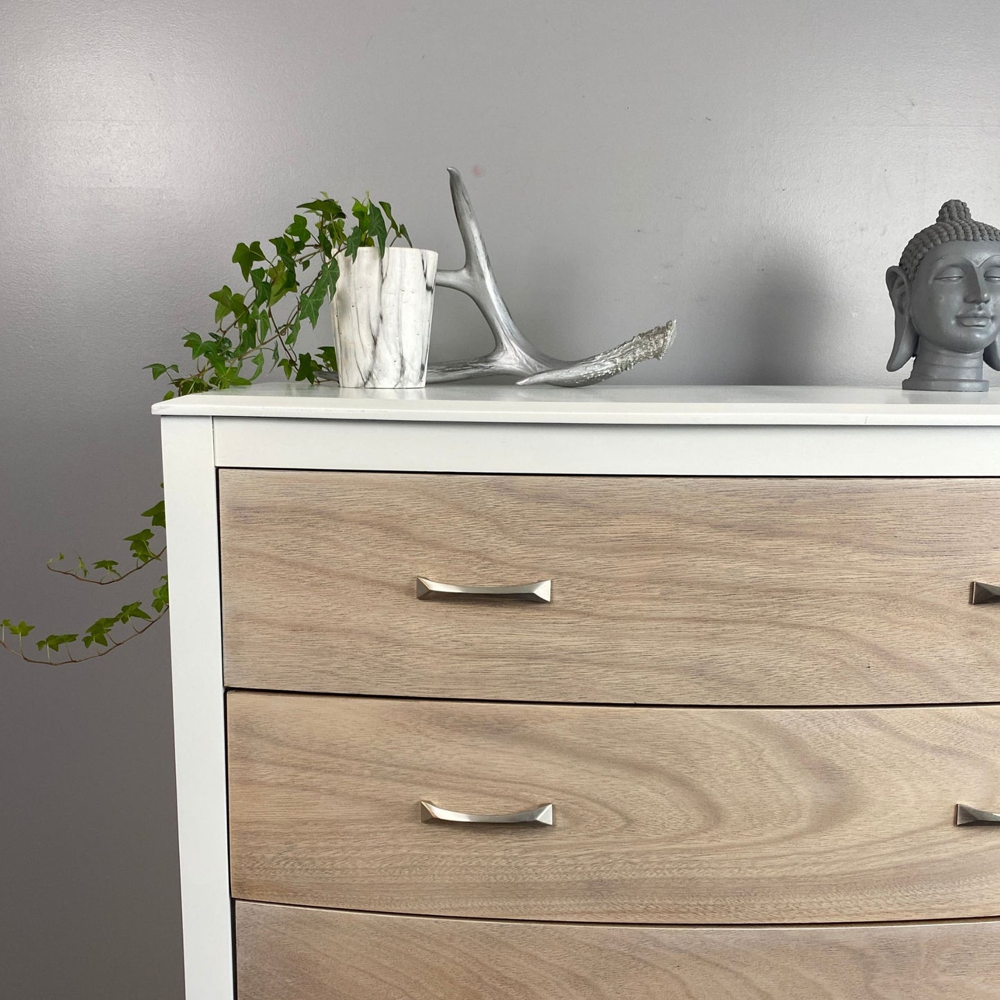 Modern Tall Boy Dresser in White and 6 Natural Wood Drawers