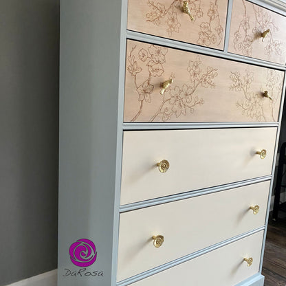 Tall Dresser Blue and White with Blossom Engraved Drawers