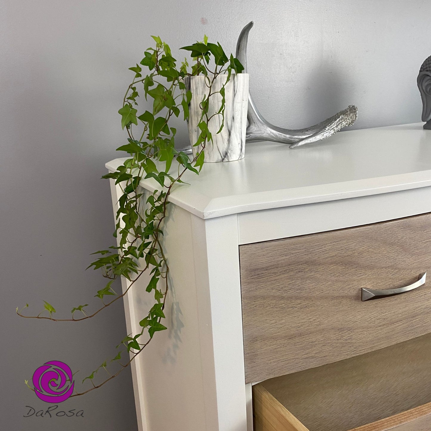 Modern Tall Boy Dresser in White and 6 Natural Wood Drawers