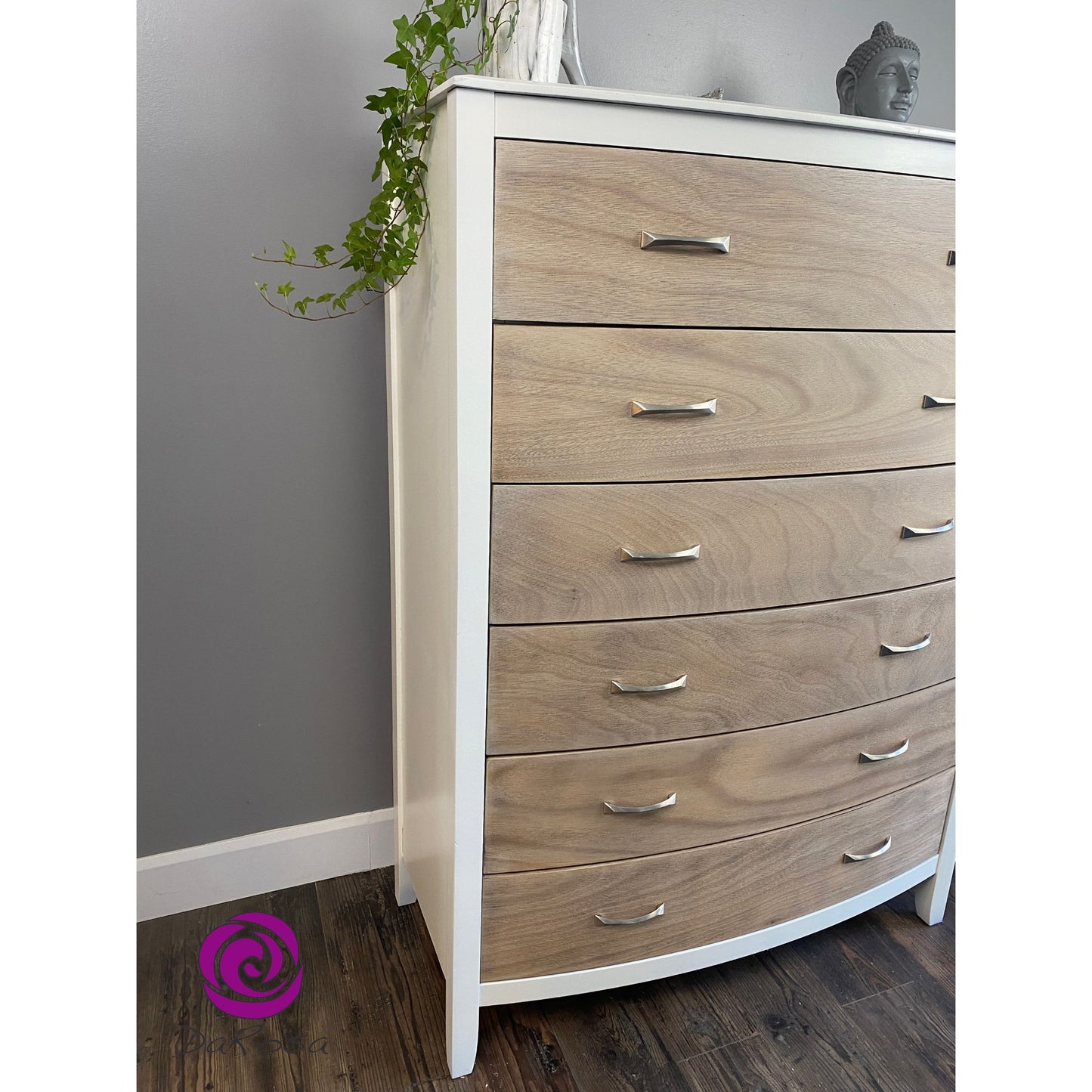 Modern Tall Boy Dresser in White and 6 Natural Wood Drawers