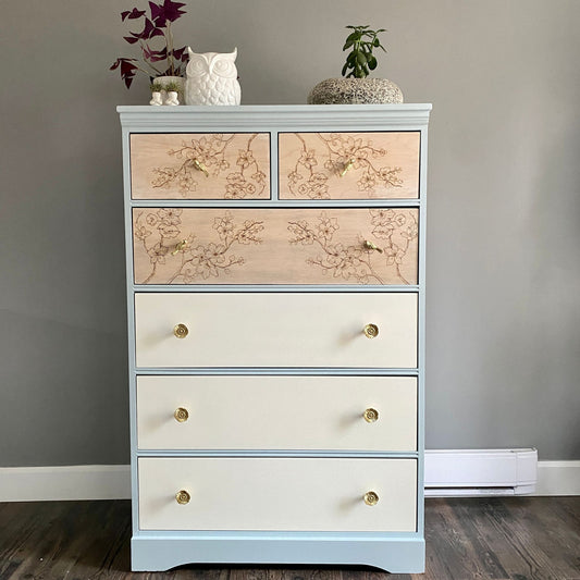 Tall Dresser Blue and White with Blossom Engraved Drawers