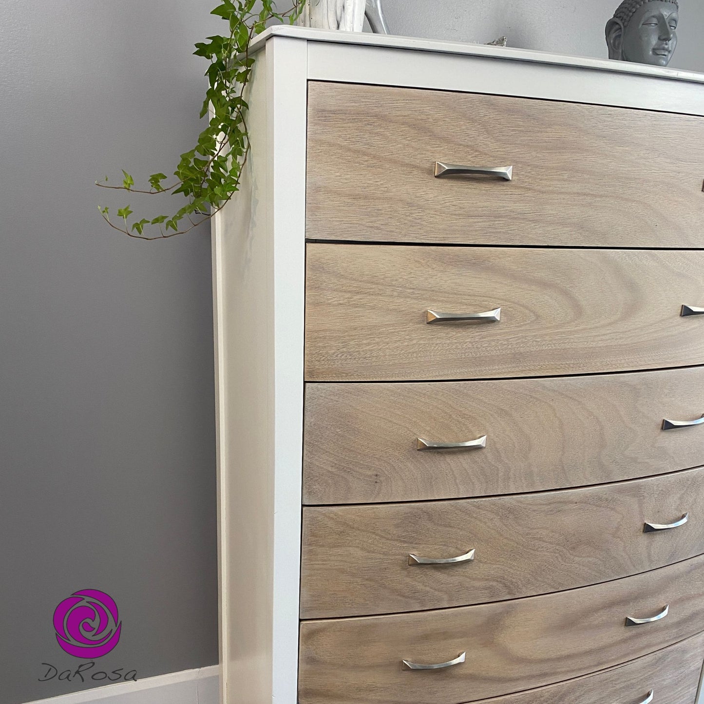 Modern Tall Boy Dresser in White and 6 Natural Wood Drawers