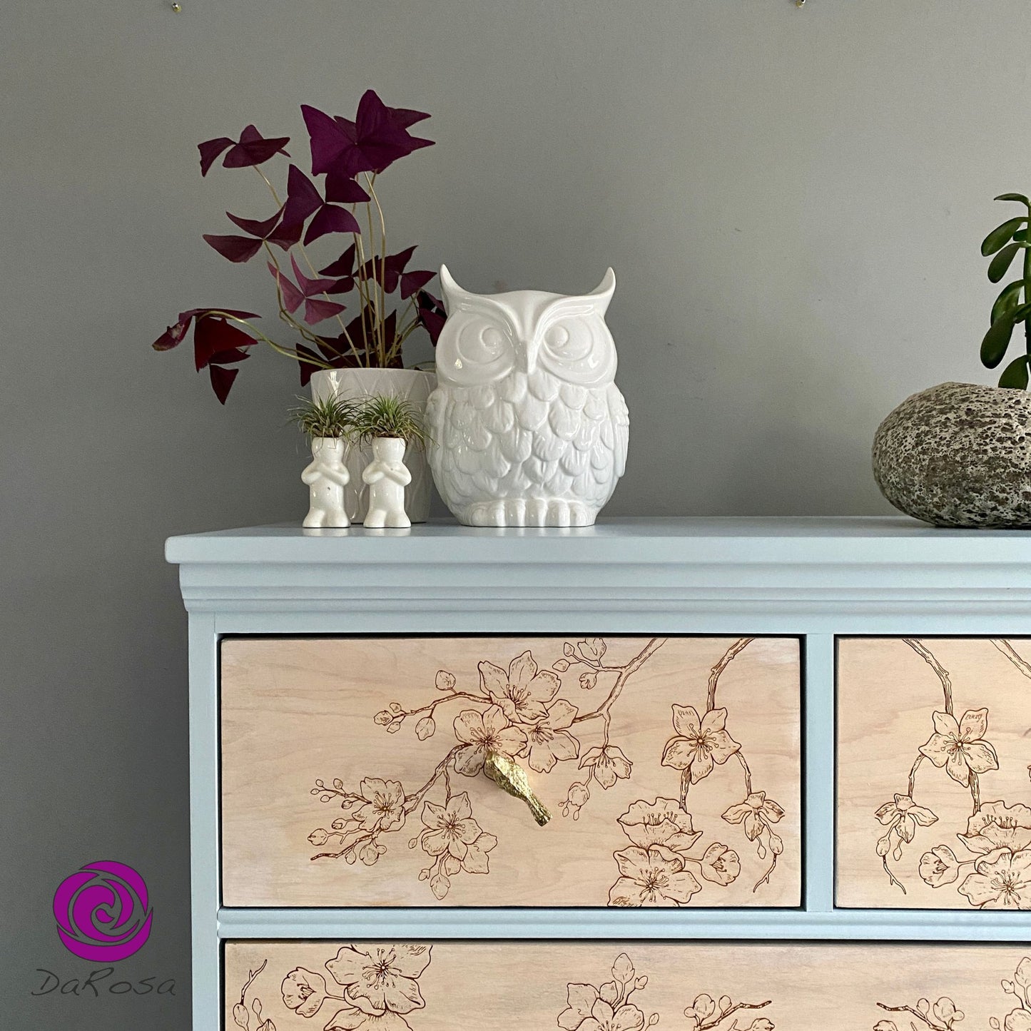 Tall Dresser Blue and White with Blossom Engraved Drawers
