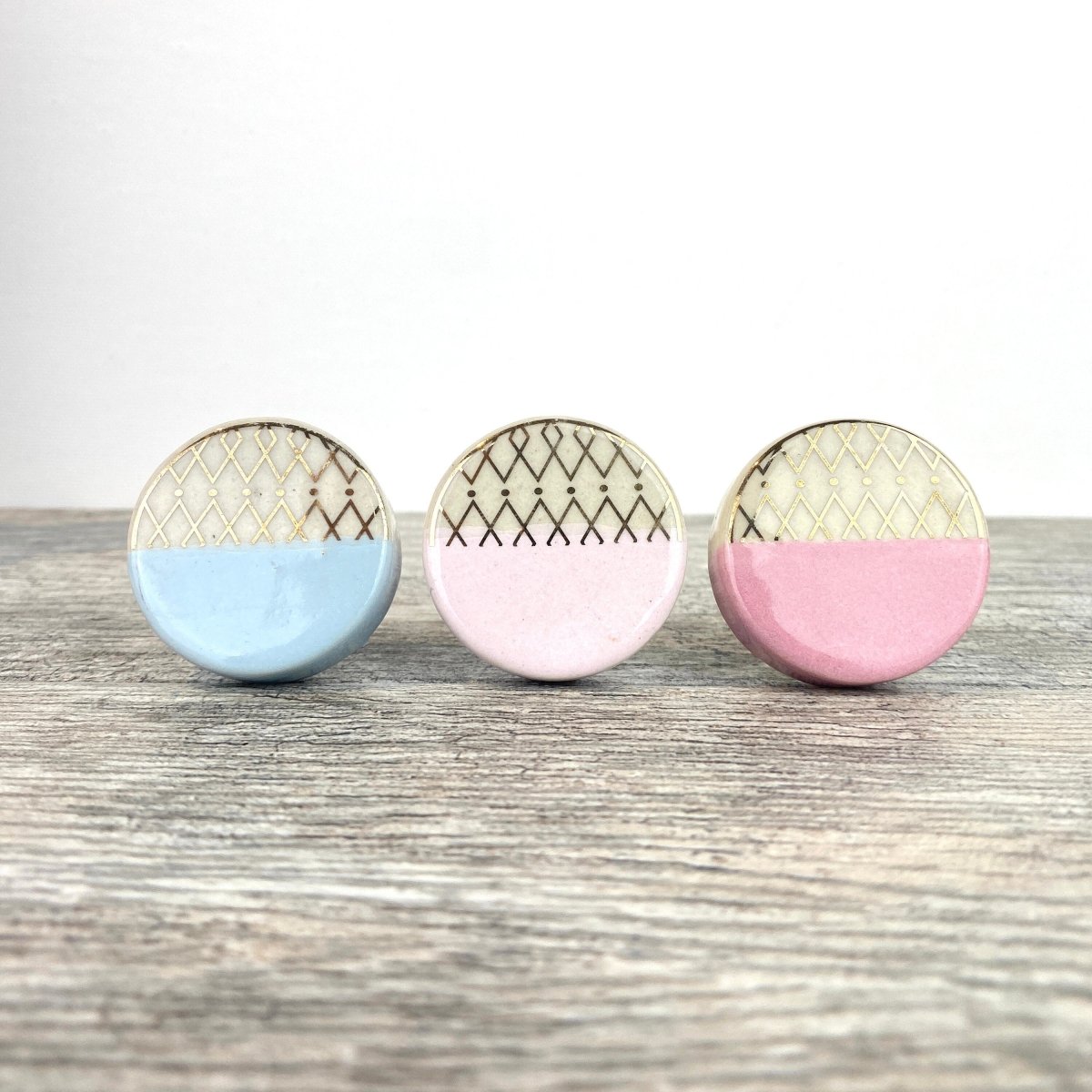 Ceramic Drawer Knobs with Gold Detail in Pink and Blue Ceramic Drawer Knobs with Gold Detail in Pink and Blue