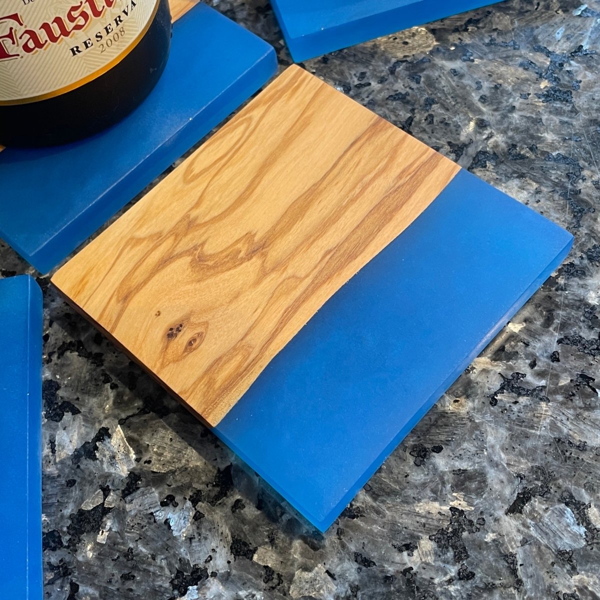 Coasters Olive Wood and Blue Epoxy SET of 4 - DaRosa Creations