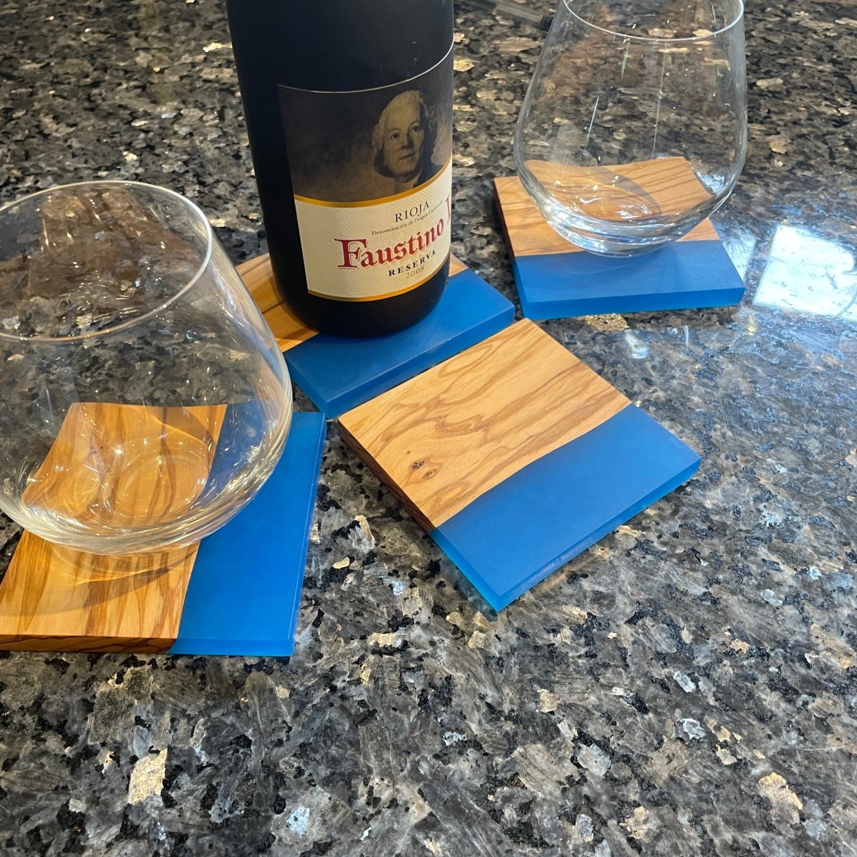 Coasters Olive Wood and Blue Epoxy SET of 4 - DaRosa Creations