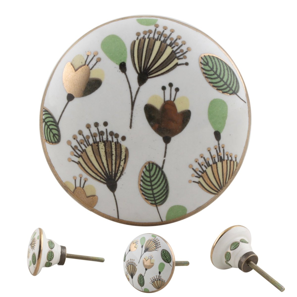 Ceramic Drawer Knob with Floral Pattern and Gold Trim - Ceramic Cabinet Knob in White Green and Gold - Decorative Leaves and Flowers DaRosa Creations Ceramic Drawer Knob with Floral Pattern and Gold Trim - Ceramic Cabinet Knob in White Green and Gold - Decorative Leaves and Flowers DaRosa Creations