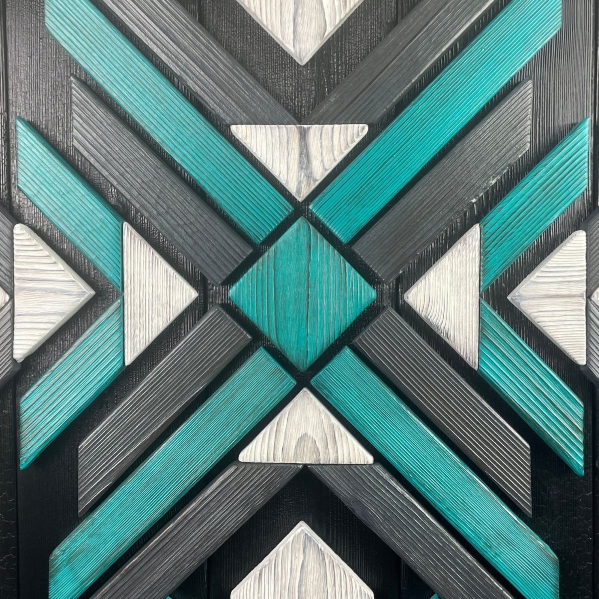 Modern Mosaic Wood Geometric Wall Art in White Black Turquoise and Gray - DaRosa Creations