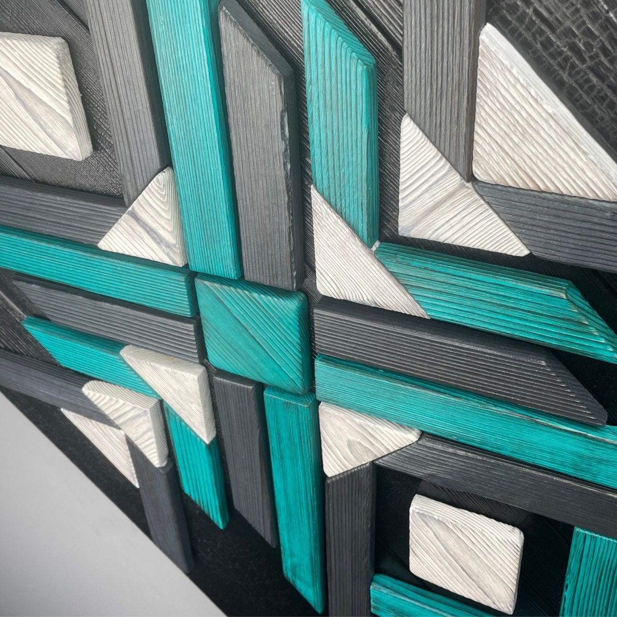 Modern Mosaic Wood Geometric Wall Art in White Black Turquoise and Gray - DaRosa Creations