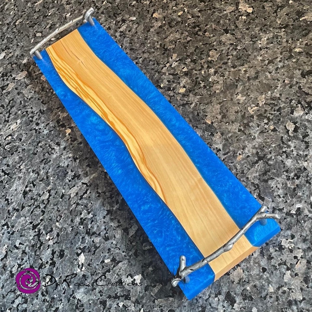 Olive Wood Bathroom Tray with Blue Epoxy - DaRosa Creations