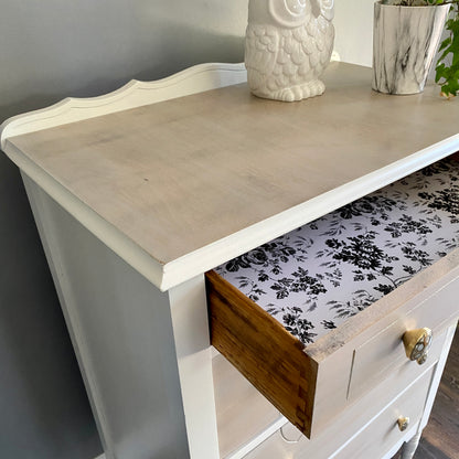 Antique 4 Drawer Dresser in White and Tan Wash Pearl Inlay Knobs